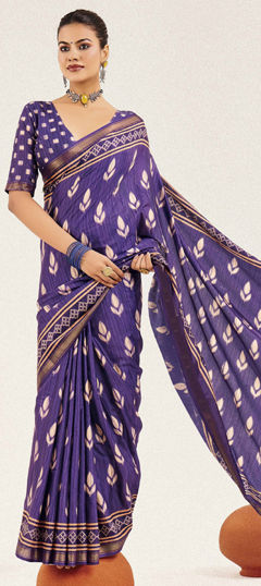 Purple and Violet color Saree in Silk cotton fabric with Digital Print work