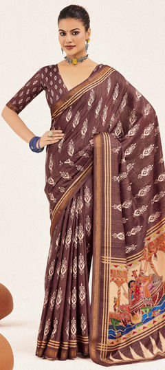 Beige and Brown color Saree in Silk cotton fabric with Digital Print work