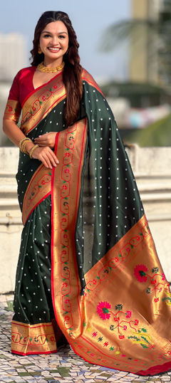 Green color Saree in Silk fabric with Weaving work