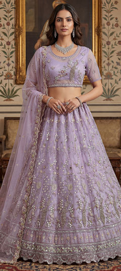 Purple and Violet color Lehenga in Net fabric with Embroidered, Sequence, Stone, Thread work