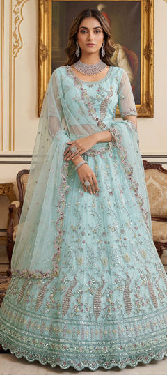Blue color Lehenga in Net fabric with Embroidered, Sequence, Stone, Thread work