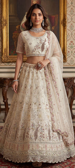 White and Off White color Lehenga in Net fabric with Embroidered, Sequence, Stone, Thread work