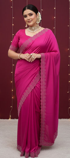 Pink and Majenta color Saree in Satin Silk fabric with Border, Stone, Zircon work