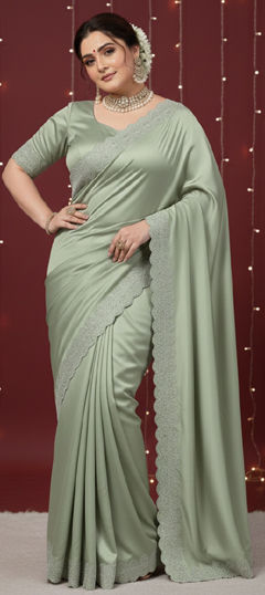 Green color Saree in Satin Silk fabric with Border, Stone, Zircon work
