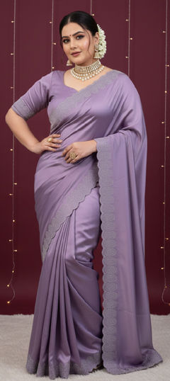Purple and Violet color Saree in Satin Silk fabric with Border, Stone, Zircon work