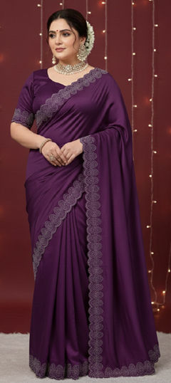 Purple and Violet color Saree in Satin Silk fabric with Border, Stone, Zircon work