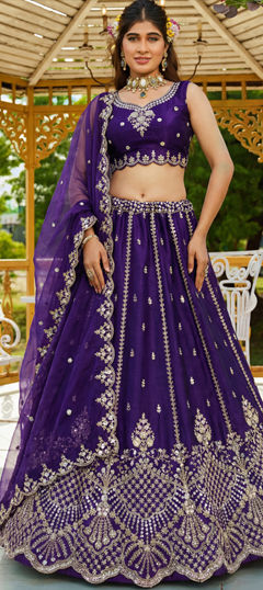 Purple and Violet color Lehenga in Satin fabric with Embroidered, Sequence, Stone, Thread work