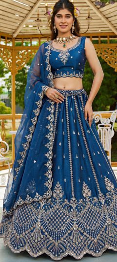 Blue color Lehenga in Satin fabric with Embroidered, Sequence, Stone, Thread work