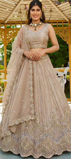 Beige and Brown color Lehenga in Satin fabric with Embroidered, Sequence, Stone, Thread work