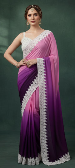 Pink and Majenta, Purple and Violet color Saree in Chinon Silk fabric with Embroidered, Resham, Thread work