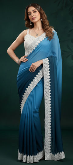 Blue color Saree in Chinon Silk fabric with Embroidered, Resham, Thread work