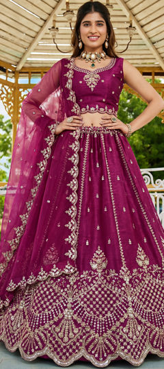 Pink and Majenta color Lehenga in Satin fabric with Embroidered, Sequence, Stone, Thread work