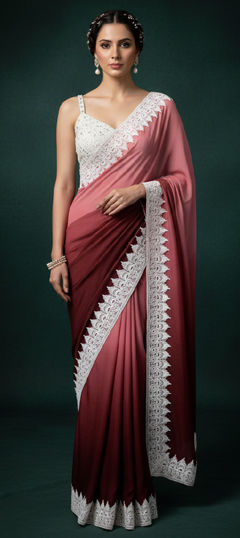 Beige and Brown color Saree in Chinon Silk fabric with Embroidered, Resham, Thread work