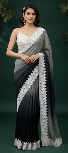 Black and Grey color Saree in Chinon Silk fabric with Embroidered, Resham, Thread work