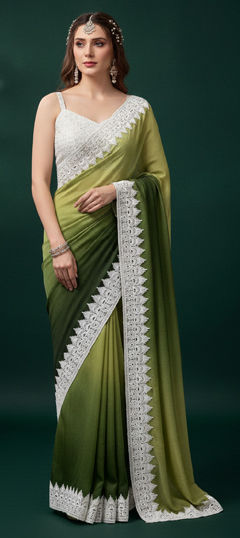 Green color Saree in Chinon Silk fabric with Embroidered, Resham, Thread work