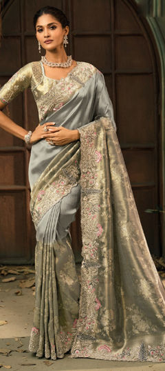 Black and Grey color Saree in Silk fabric with Cut Dana, Embroidered, Mirror, Moti, Thread, Zari work