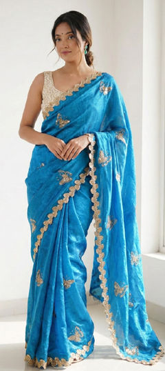 Blue color Saree in Tissue fabric with Embroidered, Lace, Sequence work