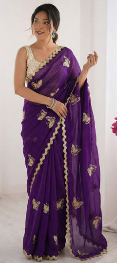 Purple and Violet color Saree in Tissue fabric with Embroidered, Lace, Sequence work