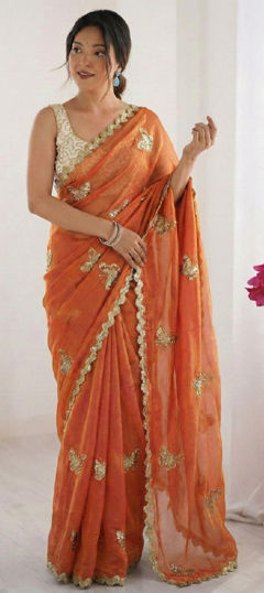 Orange color Saree in Tissue fabric with Embroidered, Lace, Sequence work