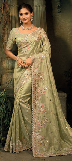 Green color Saree in Kanjeevaram Silk fabric with Cut Dana, Mirror, Moti work