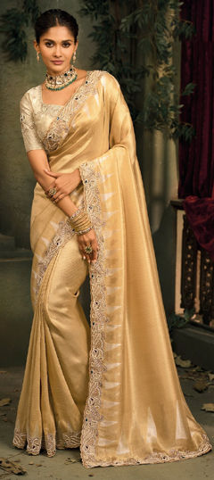 Beige and Brown color Saree in Silk fabric with Cut Dana, Mirror, Moti, Zari work