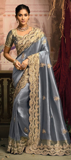 Black and Grey color Saree in Silk fabric with Cut Dana, Embroidered, Mirror, Moti, Zari work