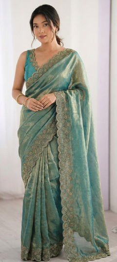 Blue color Saree in Silk fabric with Stone, Swarovski work