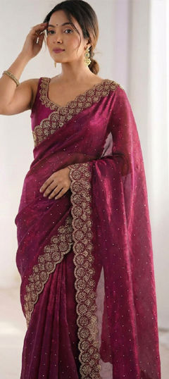 Red and Maroon color Saree in Silk fabric with Stone, Swarovski work