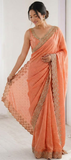 Orange color Saree in Silk fabric with Stone, Swarovski work