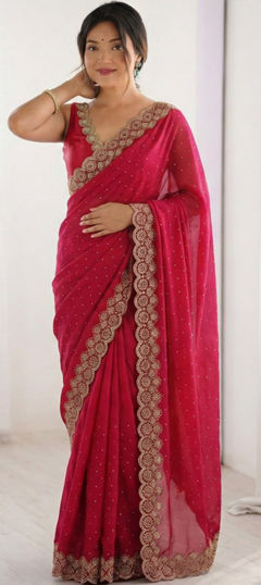 Pink and Majenta color Saree in Silk fabric with Stone, Swarovski work