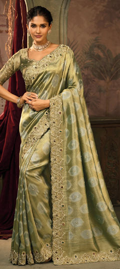 Green color Saree in Silk fabric with Cut Dana, Moti, Zari work