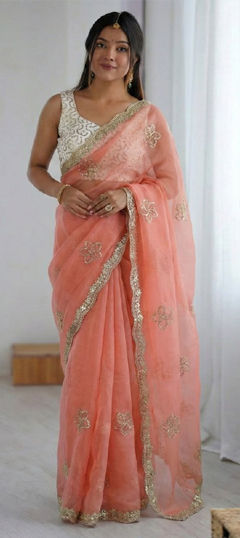 Pink and Majenta color Saree in Crushed Silk fabric with Embroidered, Thread work