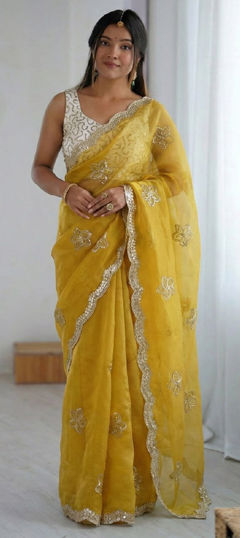 Yellow color Saree in Crushed Silk fabric with Embroidered, Thread work