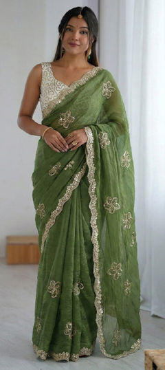 Green color Saree in Crushed Silk fabric with Embroidered, Thread work