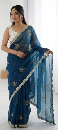Blue color Saree in Crushed Silk fabric with Embroidered, Thread work