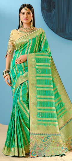 Green color Saree in Silk fabric with Embroidered, Sequence, Stone, Weaving, Zari work