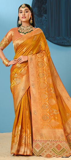Yellow color Saree in Silk fabric with Embroidered, Sequence, Stone, Weaving, Zari work
