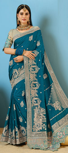 Blue color Saree in Silk fabric with Embroidered, Sequence, Stone, Weaving, Zari work