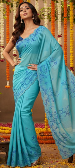 Blue color Saree in Tissue fabric with Bugle Beads, Cut Dana, Floral work