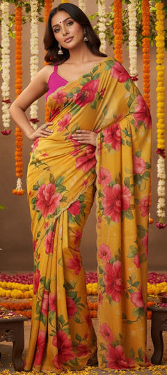 Yellow color Saree in Tissue fabric with Cut Dana, Floral, Moti work