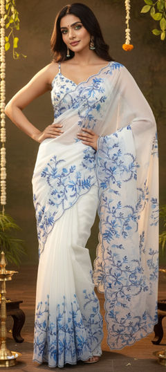 White and Off White color Saree in Tissue fabric with Bugle Beads, Cut Dana, Floral work
