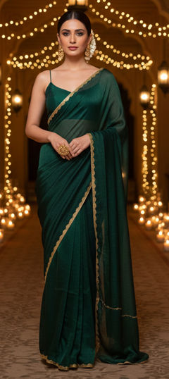 Green color Saree in Chiffon fabric with Bugle Beads, Lace work