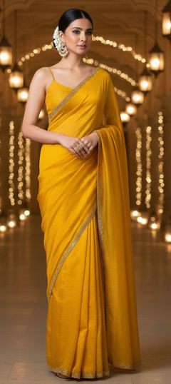 Yellow color Saree in Chiffon fabric with Bugle Beads, Lace work