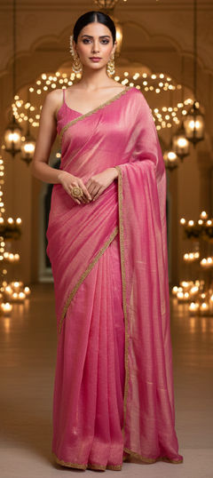 Pink and Majenta color Saree in Chiffon fabric with Bugle Beads, Lace work