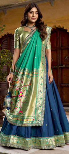 Blue color Lehenga in Silk fabric with Border, Embroidered, Sequence, Thread, Weaving, Zari work