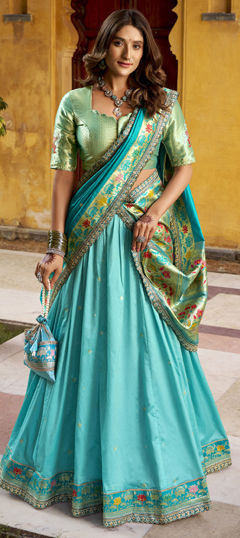 Blue color Lehenga in Silk fabric with Border, Embroidered, Sequence, Thread, Weaving, Zari work