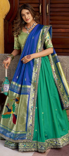 Green color Lehenga in Silk fabric with Border, Embroidered, Sequence, Thread, Weaving, Zari work