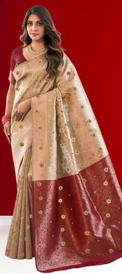 Beige and Brown color Saree in Kanjeevaram Silk fabric with Stone, Weaving, Zircon work