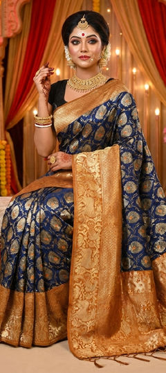 Blue color Saree in Jacquard fabric with Weaving, Zari, Zircon work