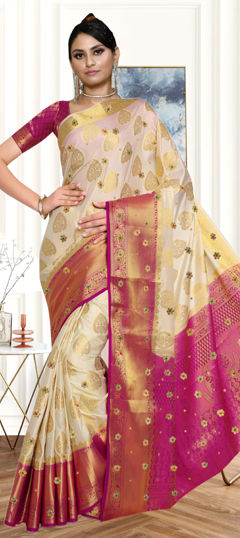 White and Off White color Saree in Satin Silk fabric with Weaving, Zari, Zircon work